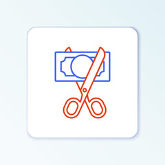 Line Scissors cutting money icon isolated on white background. Price, cost reduction or price reduction icon concept. Colorful outline concept. Vector