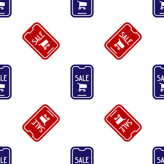 Blue and red Mobile phone and shopping cart icon isolated seamless pattern on white background. Online buying symbol. Supermarket basket symbol. Vector Illustration