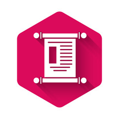 White Decree, paper, parchment, scroll icon icon isolated with long shadow. Chinese scroll. Pink hexagon button. Vector Illustration