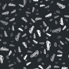 Grey Smart car system with wireless connection icon isolated seamless pattern on black background. Vector