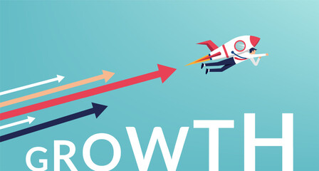 Businessman flying with jet pack symbol. Career growth and development concept vector illustration.