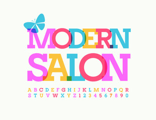 Vector creative sign Modern Salon with Decorative Butterfly. Artistic colorful Font. Bright Alphabet Letters and Numbers set