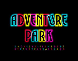 Vector bright banner Adventure Park. Colorful Neon Font Illuminated Alphabet Letters and Numbers set