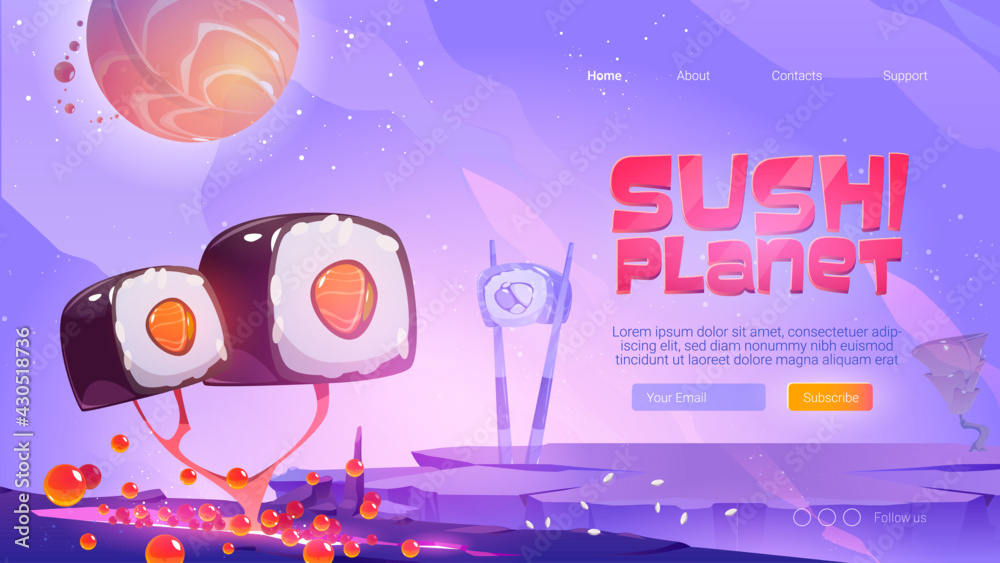 Wall mural sushi planet website with fantasy landscape with trees with roll and ginger and salmon planet in sky