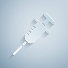 Paper cut Syringe icon isolated on grey background. Syringe for vaccine, vaccination, injection, flu shot. Medical equipment. Paper art style. Vector