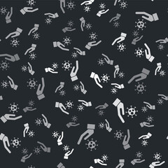 Grey Hand with virus icon isolated seamless pattern on black background. Corona virus 2019-nCoV. Bacteria and germs, cell cancer, microbe, fungi. Vector.