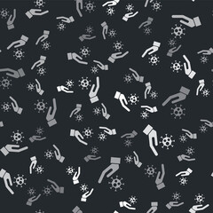 Grey Hand with virus icon isolated seamless pattern on black background. Corona virus 2019-nCoV. Bacteria and germs, cell cancer, microbe, fungi. Vector.