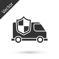 Grey Car with shield icon isolated on white background. Insurance concept. Security, safety, protection, protect concept. Vector.