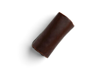 Chocolate glazed cake roll with berry jam isolated on white background. Top view.