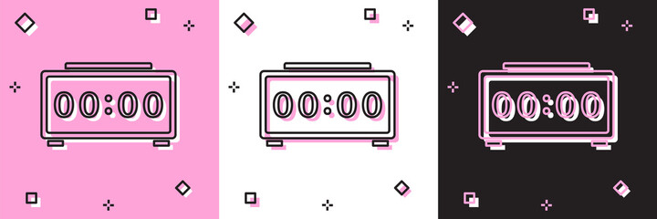 Set Digital alarm clock icon isolated on pink and white, black background. Electronic watch alarm clock. Time icon. Vector