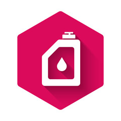 White Canister for motor machine oil icon isolated with long shadow. Oil gallon. Oil change service and repair. Engine oil sign. Pink hexagon button. Vector