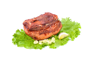 Pork fat.A piece of homemade boiled brisket with meat layers is isolated on a white background.