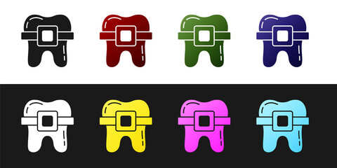 Set Teeth with braces icon isolated on black and white background. Alignment of bite of teeth, dental row with with braces. Dental concept. Vector