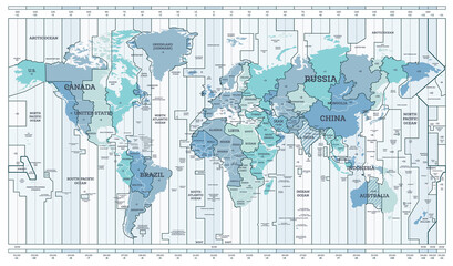 Fototapeta na wymiar Time Zone Blue Map. Detailed World Map with Countries Names.