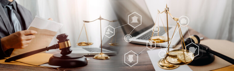 justice and law concept.Male judge in a courtroom on wooden table and Counselor or Male lawyer...