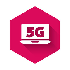 White Laptop with 5G new wireless internet wifi icon isolated with long shadow. Global network high speed connection data rate technology. Pink hexagon button. Vector