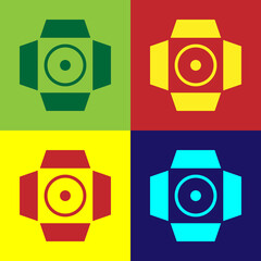 Pop art Movie spotlight icon isolated on color background. Light Effect. Scene, Studio, Show. Vector