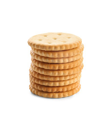 Tasty crackers on white background