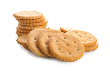 Tasty crackers on white background