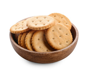 Bowl with tasty crackers on white background