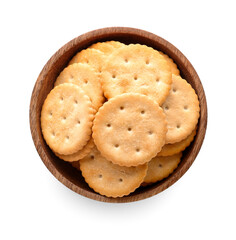 Bowl with tasty crackers on white background