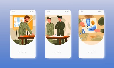Operation plan. Military mission, training, war. Mobile app screens, vector website banner template. UI, web site design
