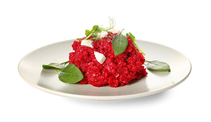Plate with tasty beet risotto on white background