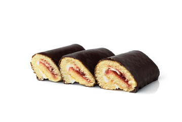 Chocolate glazed cake rolls with berry jam isolated on white background.