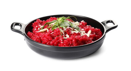 Frying pan with tasty beet risotto on white background