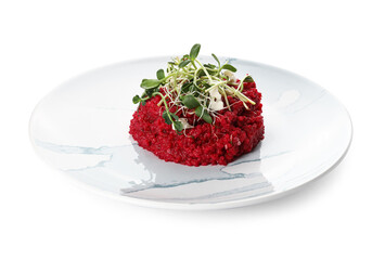 Plate with tasty beet risotto on white background