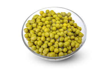 green canned peas in a glass bowl isolated on a white background.