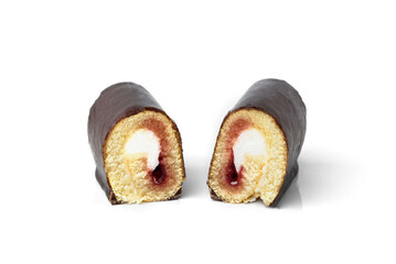 Chocolate glazed cake roll with berry jam isolated on white background.