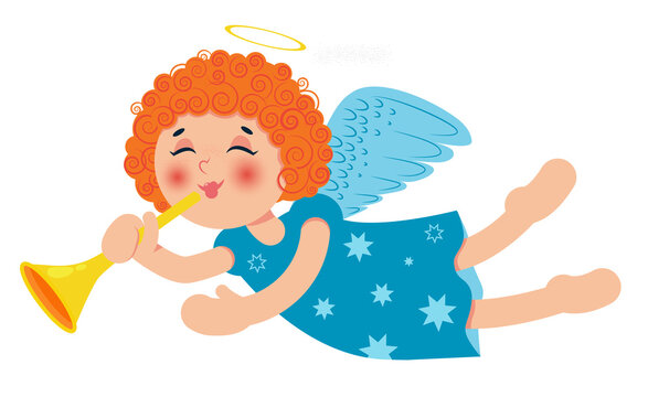Cute little Christmas angel with trumpet. Curly redhead baby girl. Cartoon character. Vector illustration.