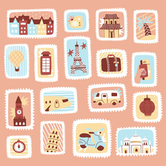 Set of hand-drawn post stamps. Cute post stamps with travel elements. Mail and post office conceptual drawing.
