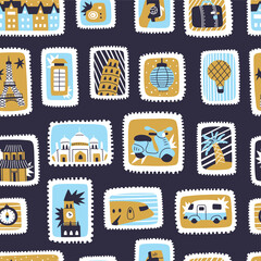 Set of stamps, postage stamp with colorful travel elements. Hand drawn vector illustration