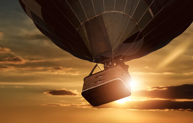 Silhouettes of hot air balloon at sunset sky background . © Njay
