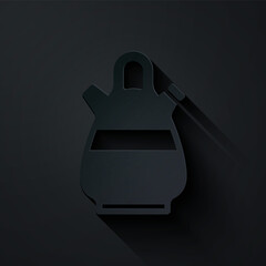 Obraz premium Paper cut Sangria pitcher icon isolated on black background. Traditional spanish drink. Paper art style. Vector