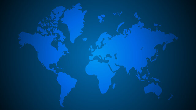 World map vector, isolated on blue background. Flat Earth, gray map template for web site pattern, anual report, inphographics. Globe similar worldmap icon. Travel worldwide, map silhouette backdrop.