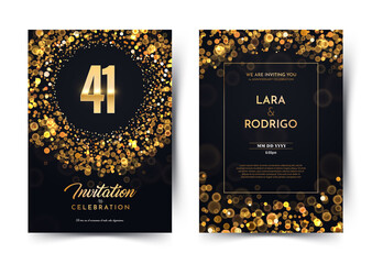41st years birthday vector black paper luxury invitation double card. Forty one years wedding anniversary celebration brochure. Template of invitational for print dark background with bokeh lights