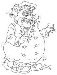 Spiteful fat rat judge in a black gown with an unjust accusation in a court session, black and white outline vector cartoon for a coloring book page