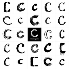 Monogram C. Set of handwritten stylish letters. Pencil and brushwork. Graphic elements for logo, postcard, posters, packages. The letters are drawn in various styles from elegant to street art.