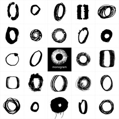 Monogram O. Set of handwritten stylish letters. Pencil and brushwork. Graphic elements for logo, postcard, posters, packages. The letters are drawn in various styles from elegant to street art.