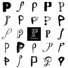 Monogram P. Set of handwritten stylish letters. Pencil and brushwork. Graphic elements for logo, postcard, posters, packages. The letters are drawn in various styles from elegant to street art.