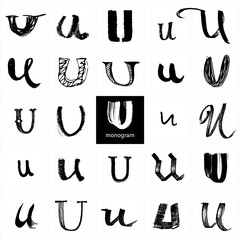 Monogram U. Set of handwritten stylish letters. Pencil and brushwork. Graphic elements for logo, postcard, posters, packages. The letters are drawn in various styles from elegant to street art.
