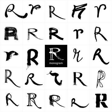 Monogram R. Set of handwritten stylish letters. Pencil and brushwork. Graphic elements for logo, postcard, posters, packages. The letters are drawn in various styles from elegant to street art.