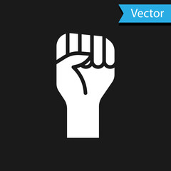 White Raised hand with clenched fist icon isolated on black background. Protester raised fist at a political demonstration. Empowerment. Vector