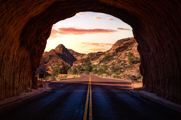 Middle of the road from tunnel view of a scenic route in American Canyons Mountain Landscape. Sunset Sky Art Render. Taken in Zion National Park, Utah, United States. - Powered by Adobe