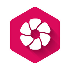 White Flower icon isolated with long shadow background. Pink hexagon button. Vector