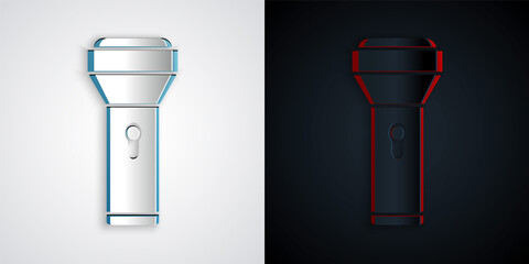 Paper cut Flashlight icon isolated on grey and black background. Paper art style. Vector