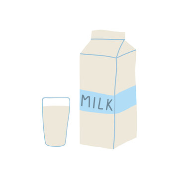 recommend clip art: Hand drawn doodle line vector illustration of milk in carton package with glass of milk. Isolated on white background.